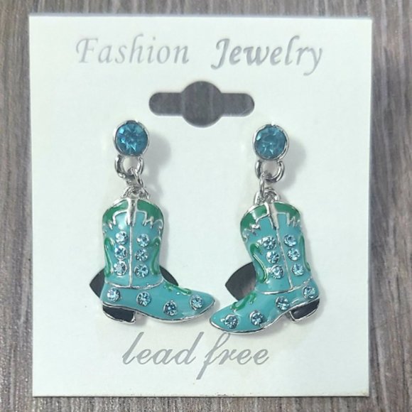 Turquoise Boot Earrings -Western Charm Meets Rhinestone Shine - Picture 2 of 9